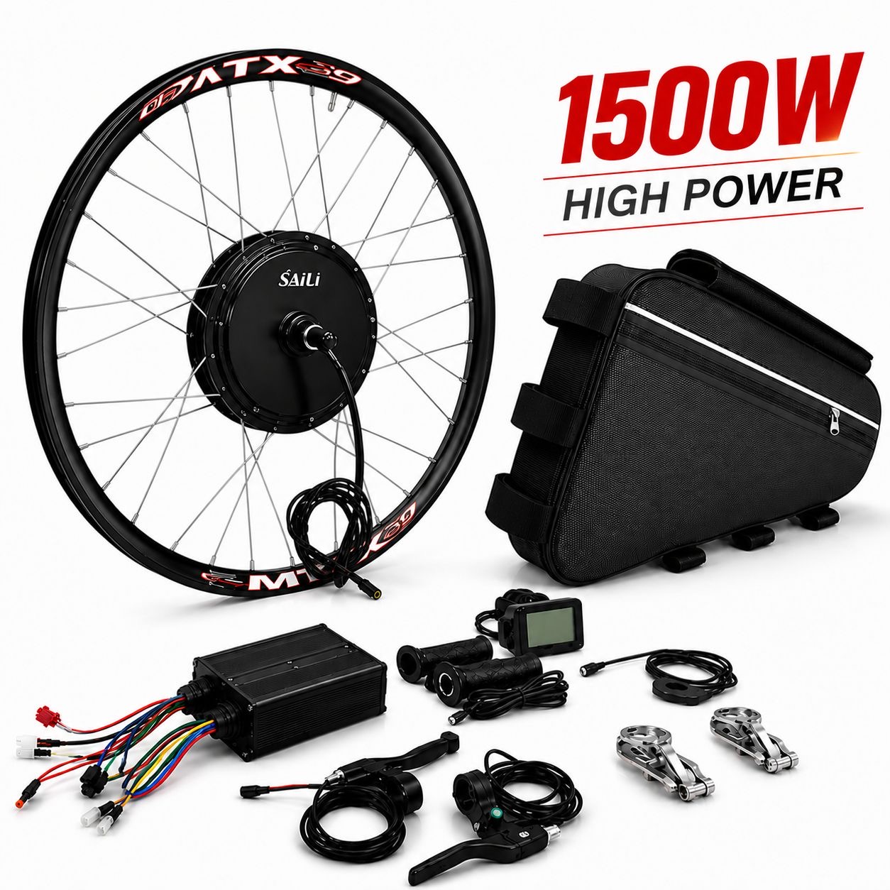 Complete 1500W e-bike conversion kit with motor wheel, controller and battery bag